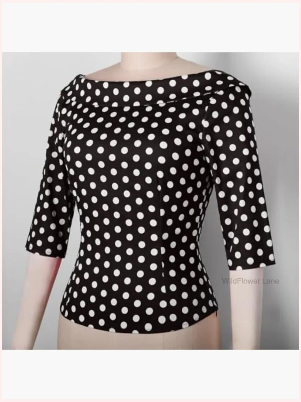 Vintage Pinup Blouse with Back Bow Tie, Medium Sleeves Boat Neck Cotton Top